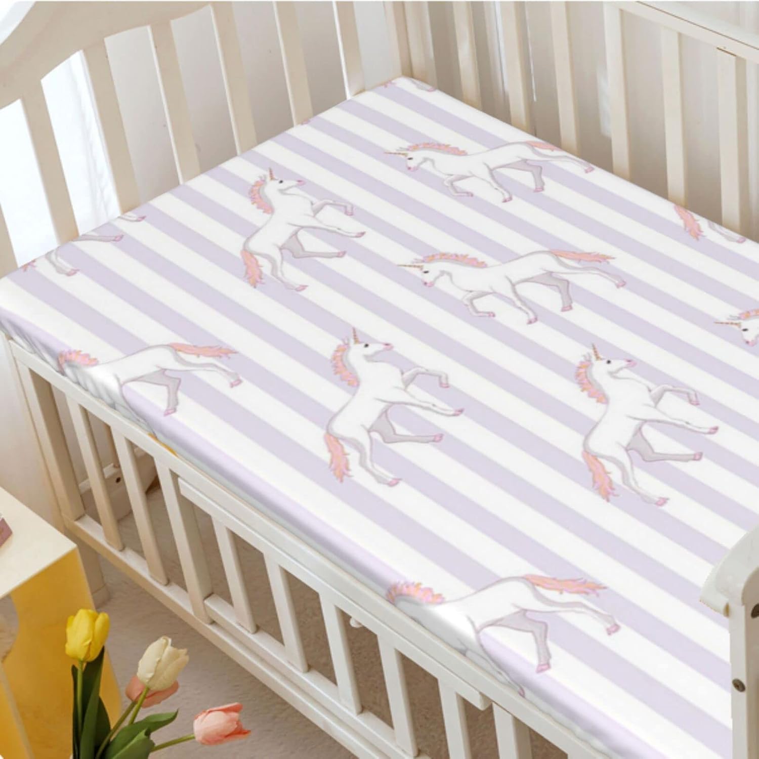 Sábanas bajeras ajustables para cuna con temática de fiesta de unicornio, sábanas portátiles para cuna, suaves y transpirables, sábanas para cuna de
