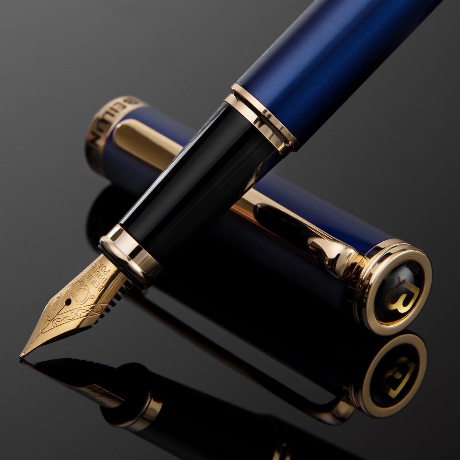 Klein Blue – Pluma estilográfica de lujo, borde dorado de 24 quilates, punta fina, convertidor de tinta Schneider alemán y 6 cartuchos de tinta,
