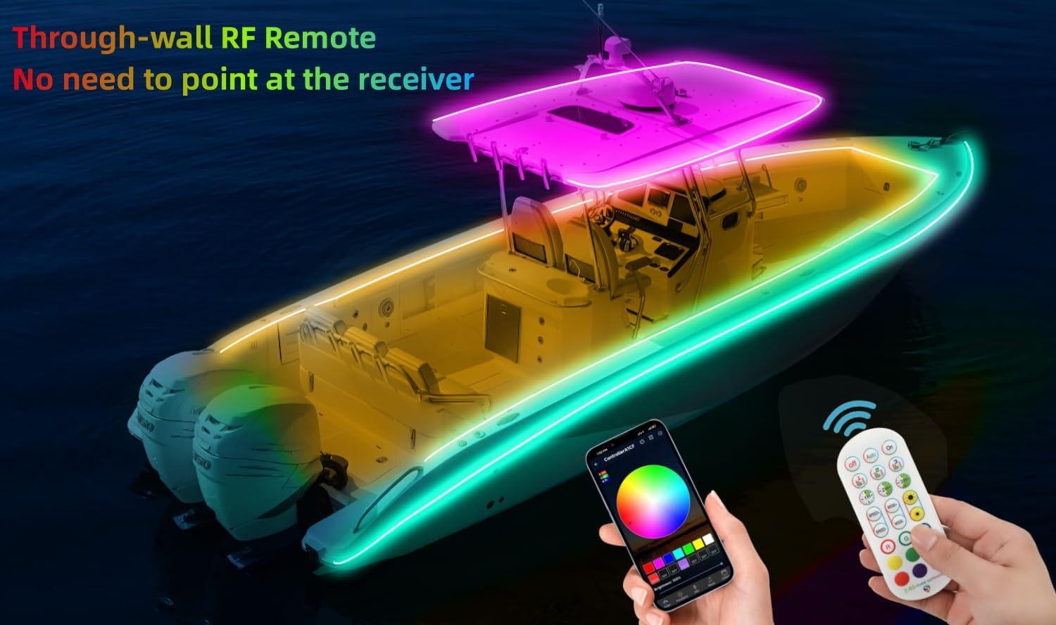 Luces LED de barco de 55 pies, 12 V APP RF control remoto pontón, luces de tira marina RGB impermeable IP66, luz interior de barco, luz de cubierta