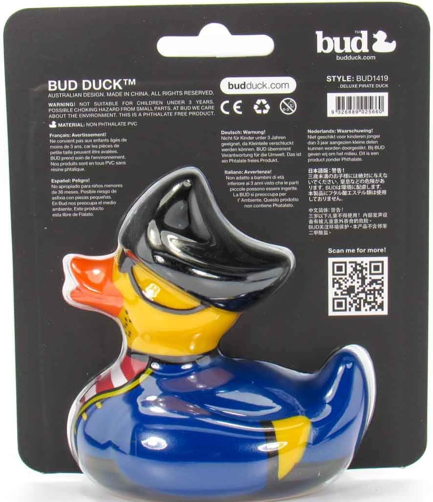 Juguete de baño de pato de goma pirata de Bud Duck  Elegante embalaje de regalo – “Shiver me timbers!”  Seguro para niños  Coleccionable