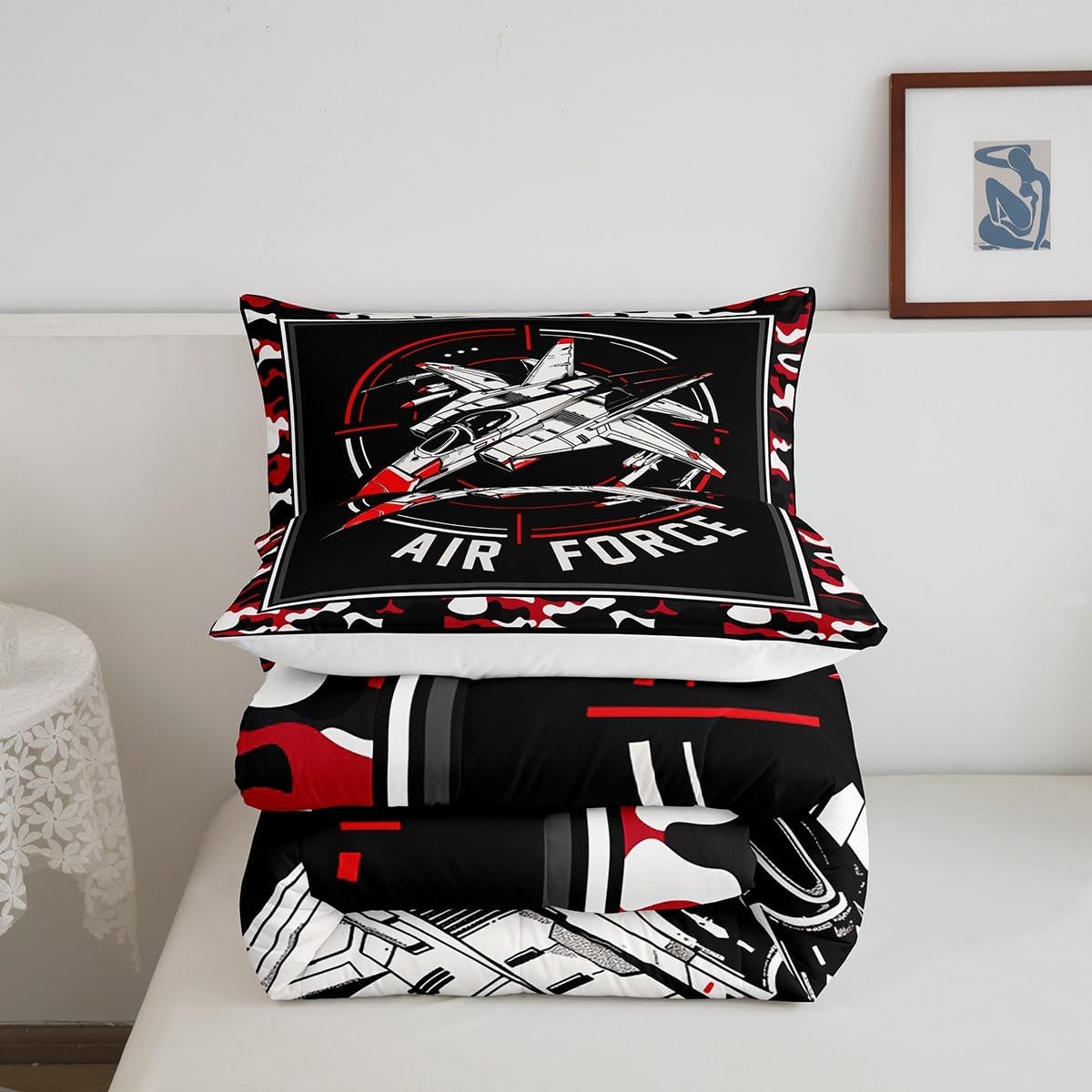 ZZRS2779ZMD-BZ_USF – Juego de edredón de tamaño matrimonial, ropa de cama de 3 piezas con diseño de camuflaje militar, rojo y negro para niños,