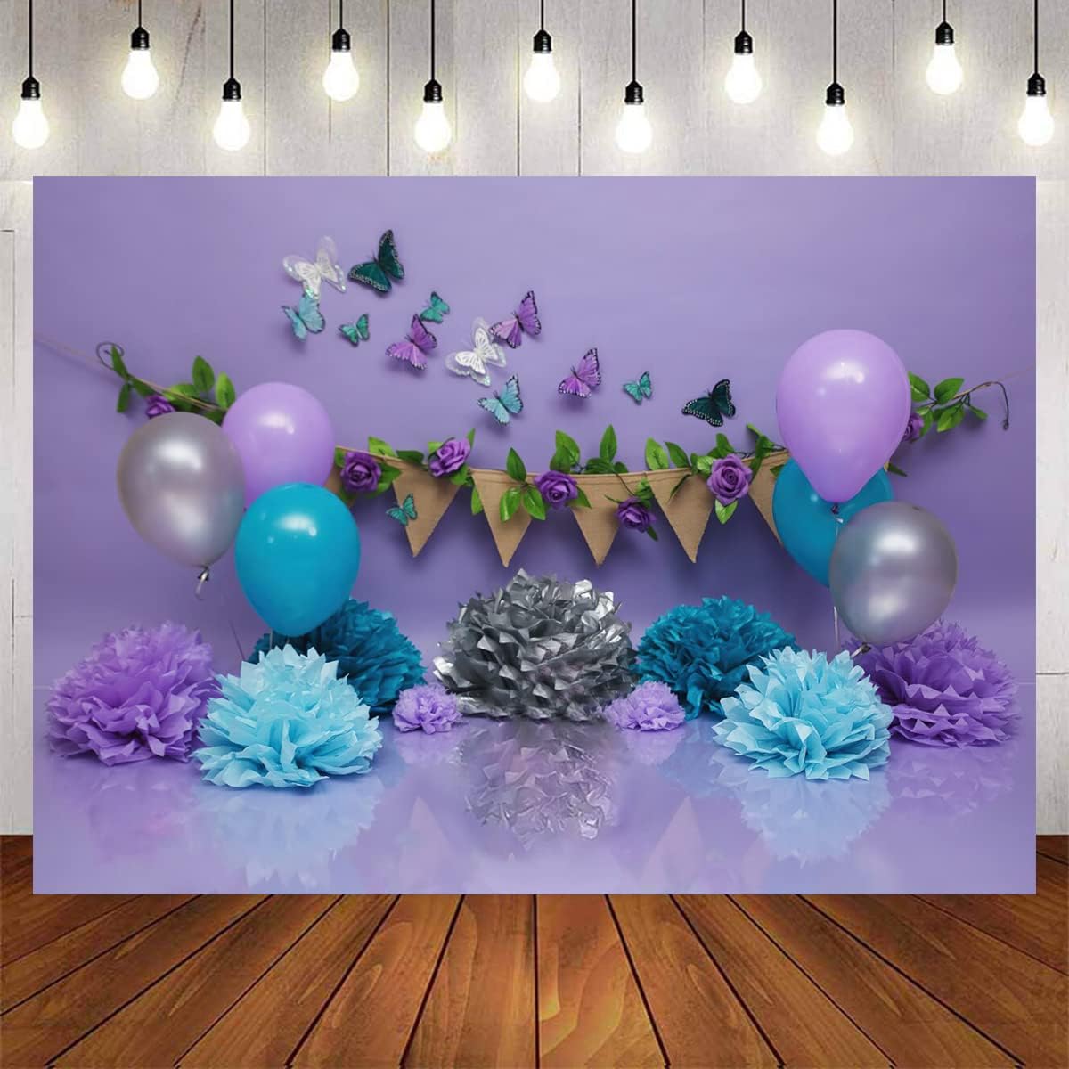 Telón de fondo de cumpleaños para el primer cumpleaños de mariposa, globo de pared de baby shower, pancarta de decoración de bebé niña, fotografía