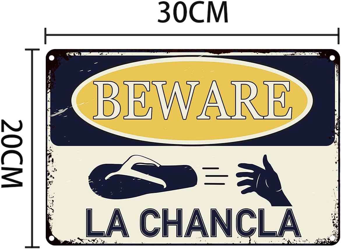 Beware Of La Chancla – Cartel de lata divertido de 12 x 8 pulgadas, latino hispano, latino, latino, latino, latino, decoración del hogar, bodega