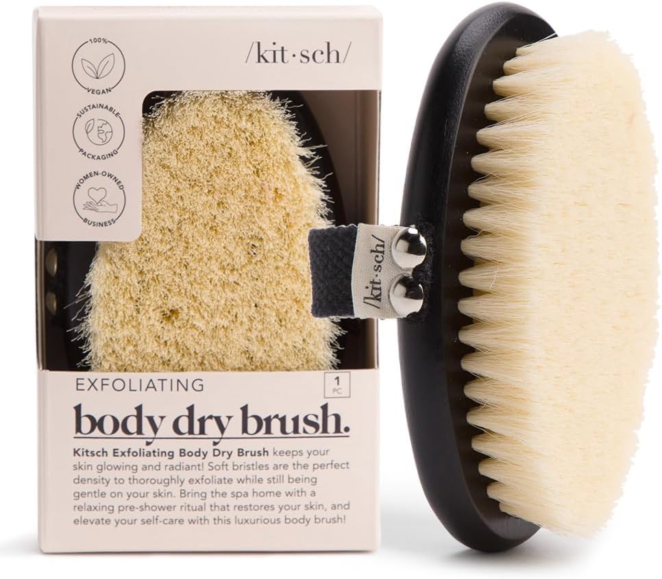 Kitsch Cepillo corporal de cepillado en seco y exfoliante corporal, masajeador de drenaje linfático con cerdas veganas suaves para piel sensible,