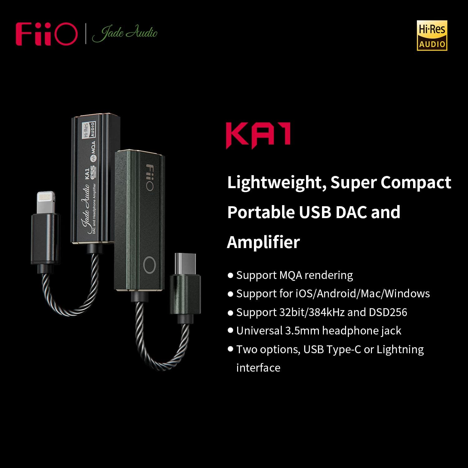 FiiO JadeAudio KA1 Amplificador de auriculares pequeño USB DAC de alta resolución sin pérdida para teléfonos inteligentesPCportátilreproductores