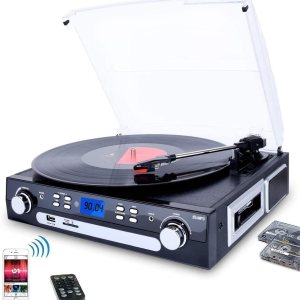 Tocadiscos de vinilo a MP3, conectividad Bluetooth con altavoces estéreo, reproducción de cassette, radio AMFM, control remoto, codificación USBSD Tocadiscos de vinilo a MP3, conectividad Bluetooth con altavoces estéreo, reproducción de cassette, radio AMFM, control remoto, codificación USBSD
