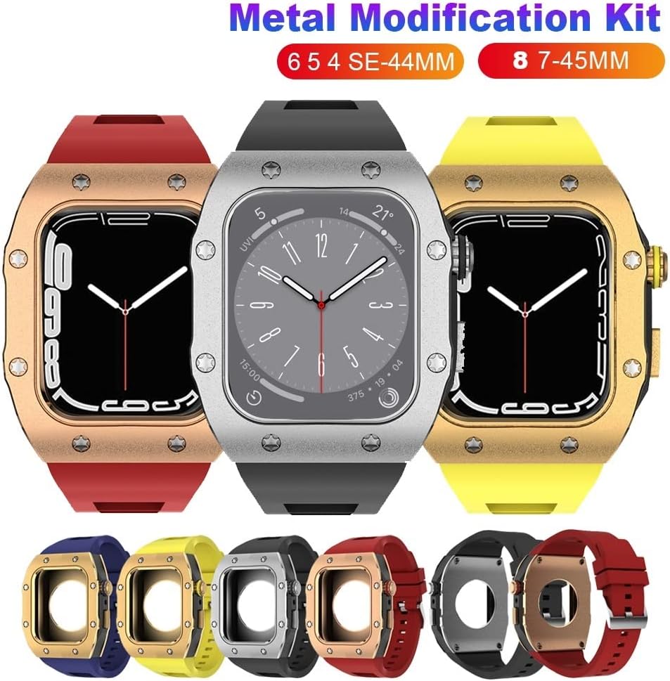 Correa de silicona con carcasa metálica para Apple Watch Series 8 7 1.772 in Modificación Mod Kit para IWatch 6 5 4 45 44 SE 1.732 in Correa de goma
