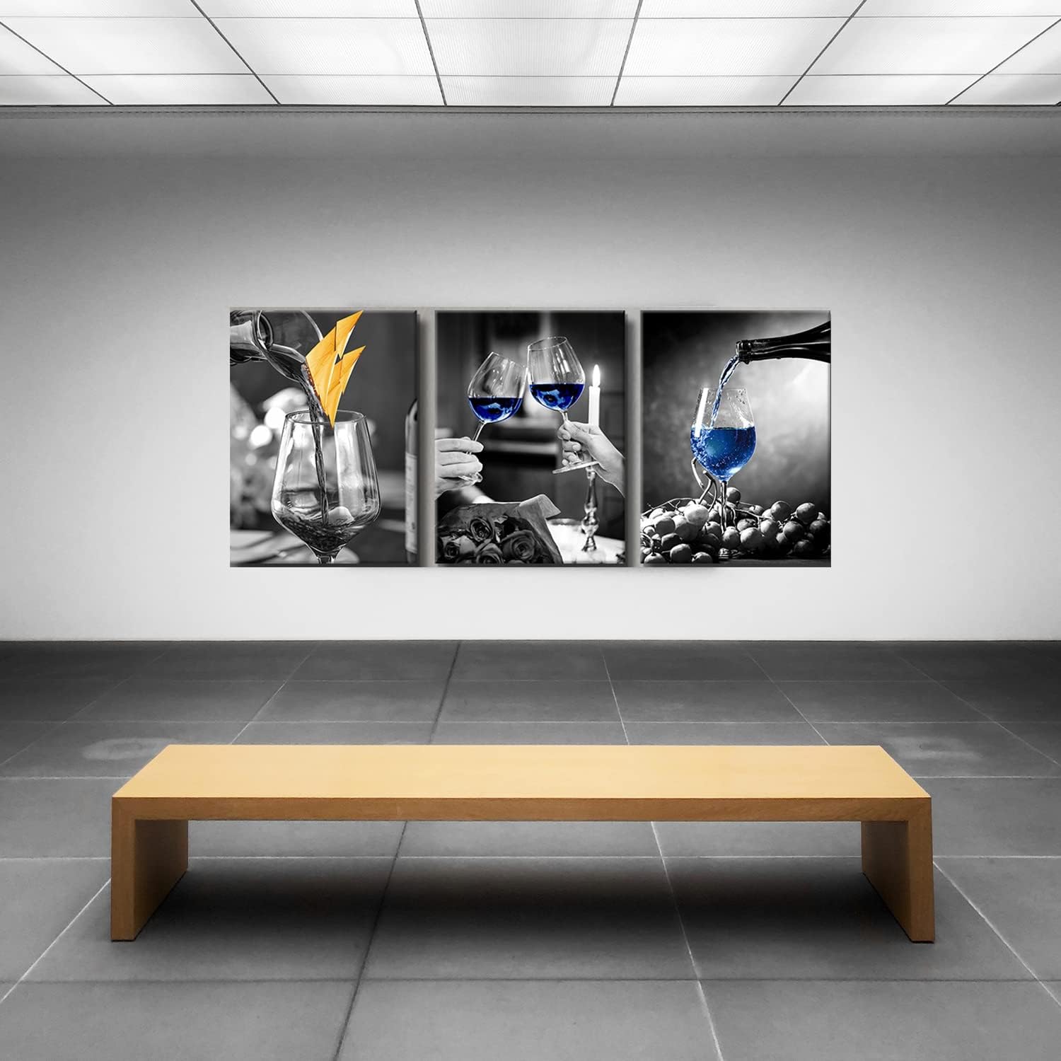 GOOSLA Decoración de pared de cocina, arte de pared de copa de vino, fácil de colgar, lienzo de alta definición, amarillo y azul, imágenes