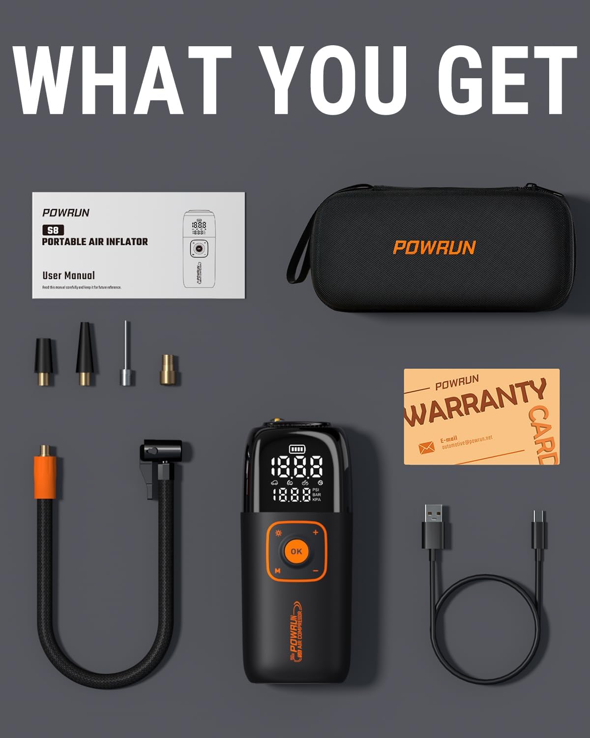 Powrun Compresor de aire portátil con inflador de neumáticos S8, bomba de neumáticos de coche de 150 PSI con batería de 6000 mAh, bomba de bicicleta