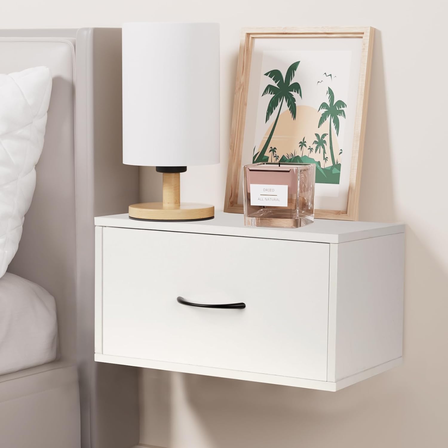 Mesita de noche flotante con cajón, estante de noche montado en la pared, mesa auxiliar de cama blancamesita de noche con cajón, estantes de pared