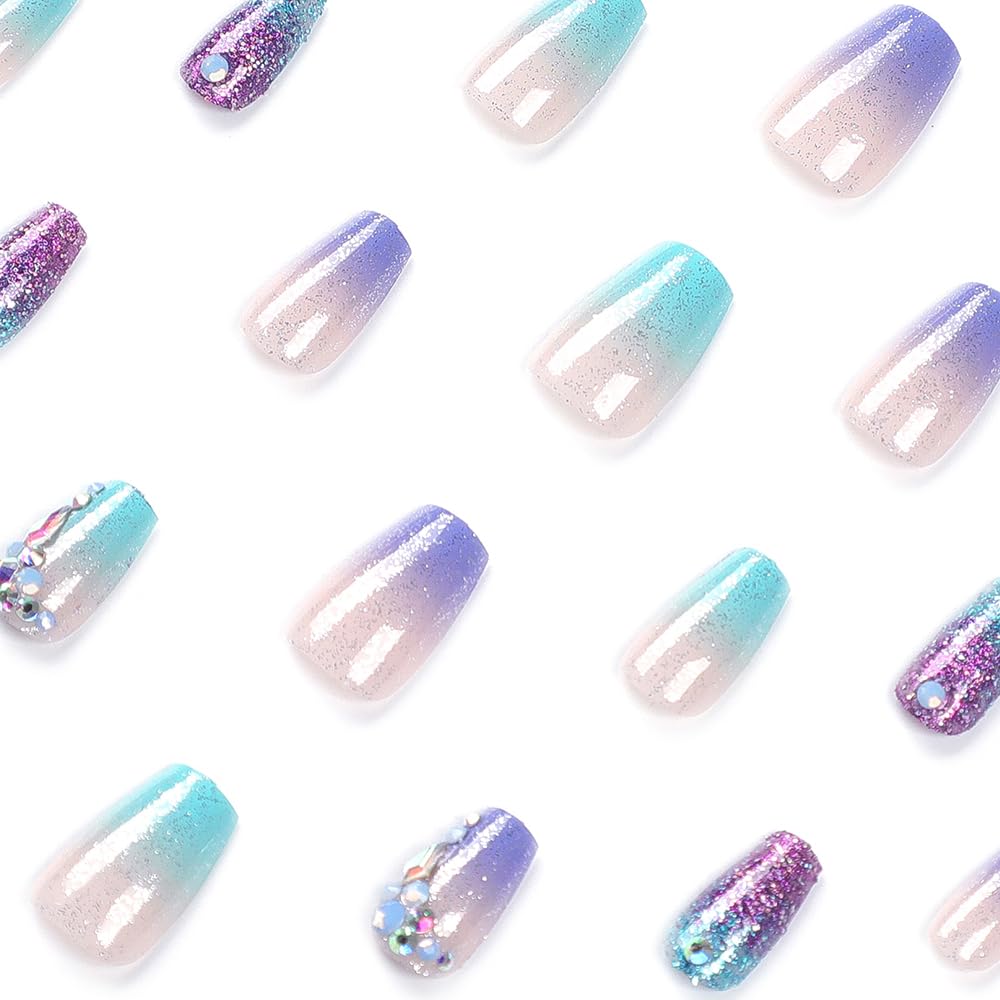 Uñas postizas medianas a presión con diamantes de imitación con purpurina colorida y diseño degradado, uñas postizas acrílicas, uñas artificiales