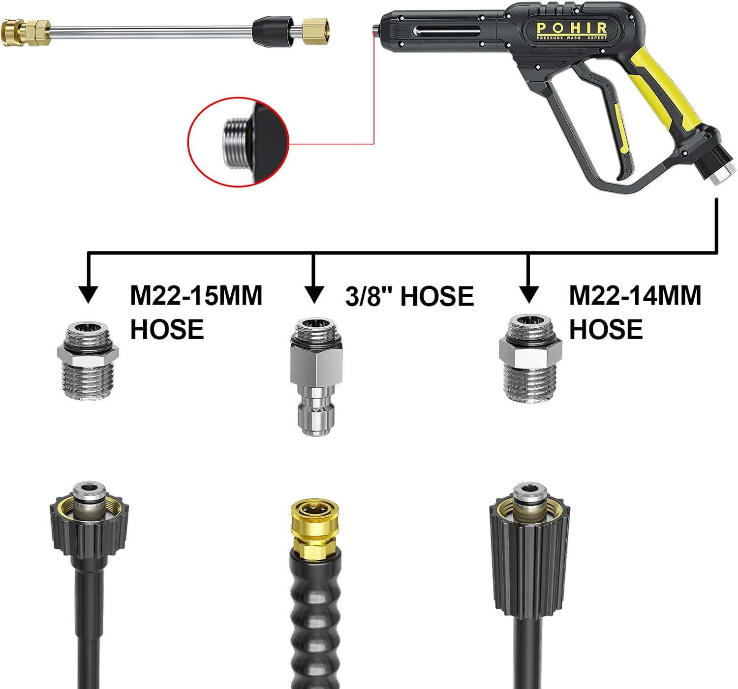 POHIR Pistola de lavado a presión de 3600 PSI con varita de extensión giratoria de conexión rápida de 38 pulgadas, M22 de 0.591 in y M22 de 0.551