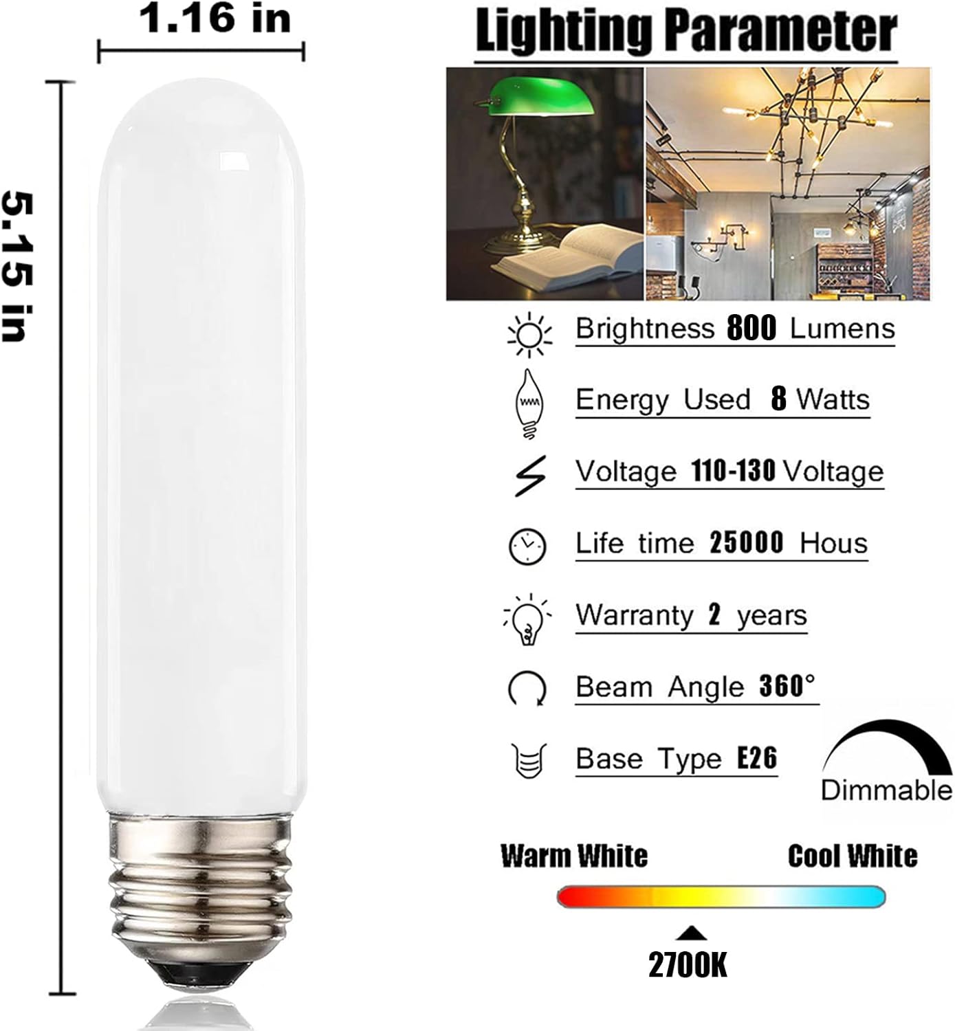 XININSUN Bombillas LED esmeriladas T10, luz diurna blanca 4000 K, bombillas LED T10 regulables, equivalente a 60-75 vatios, bombillas tubulares LED