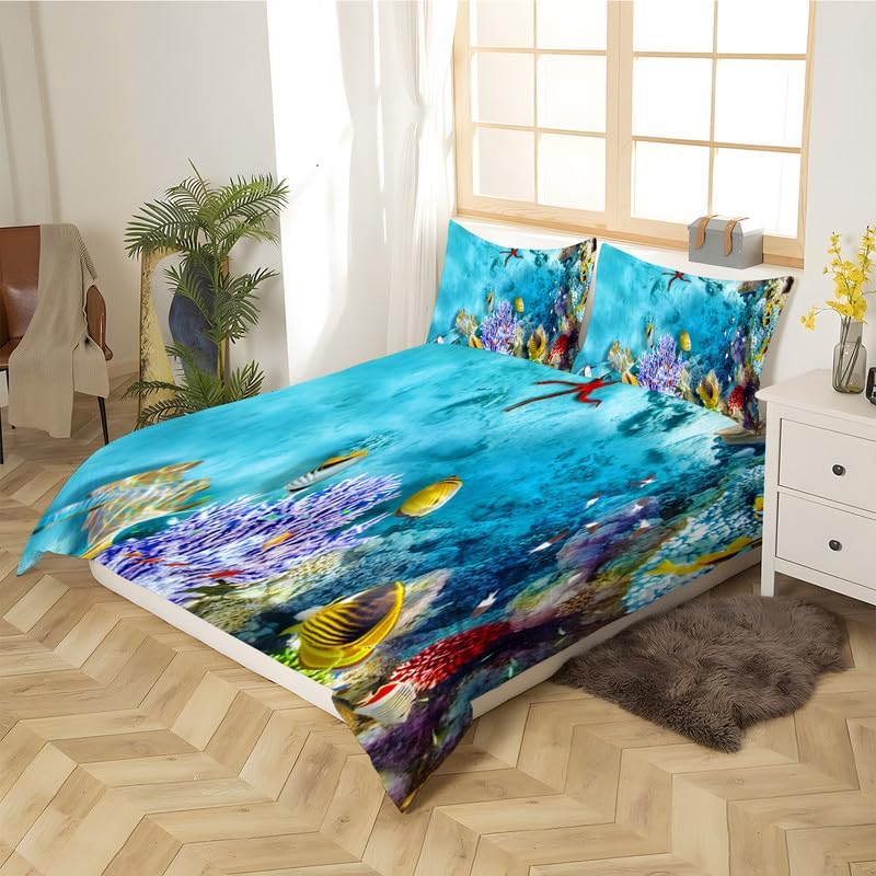 Sky Blue Fish School Duvet Cover Full Animal Print Bedding Sets Full Soft Microfiber Comforter Cover and 2 Pillow Shams 20″X26″, Bed Set Duvet