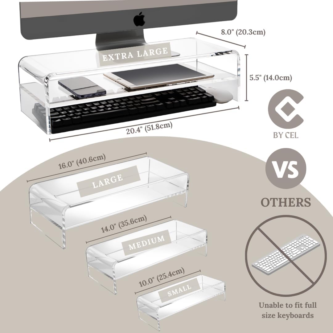 BY CEL Soporte de monitor acrílico prémium para escritorio, soporte transparente de 2 niveles para computadora portátil de 16 pulgadas, soporte