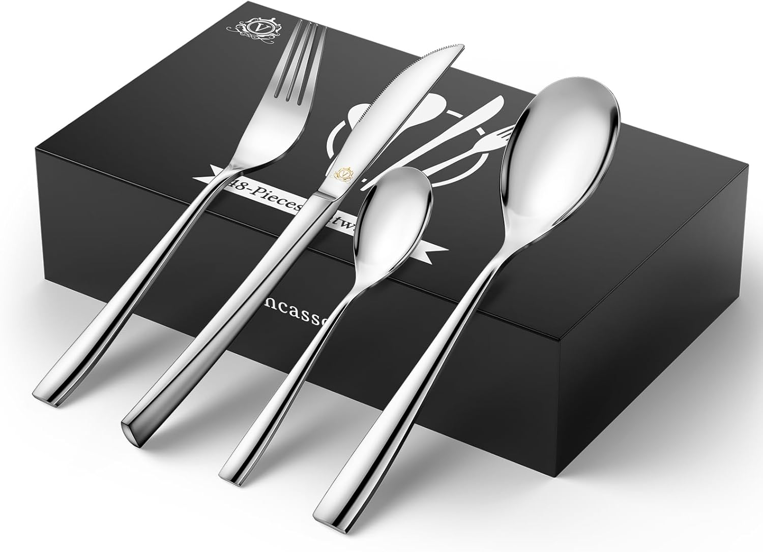 vancasso Cubiertos de acero inoxidable de 48 piezas, juego de cubiertos de acero inoxidable, vajilla para 12 personas, cuchillo, tenedor, juego de