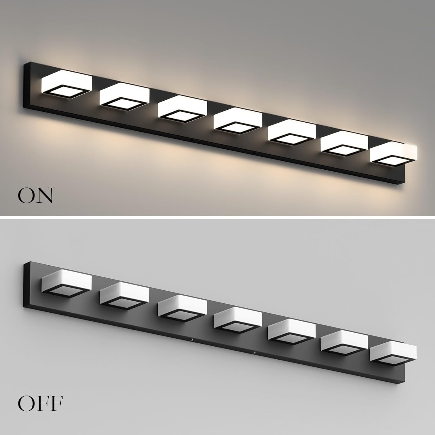 Ralbay Luces LED de tocador de 46 pulgadas color negro mate, 7 luces acrílicas de metal negro, modernas luces de tocador de baño negras sobre espejo