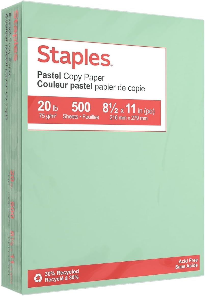 Staples Papel de colores pastel, 8.5 x 11 pulgadas, verde, 500 hojas