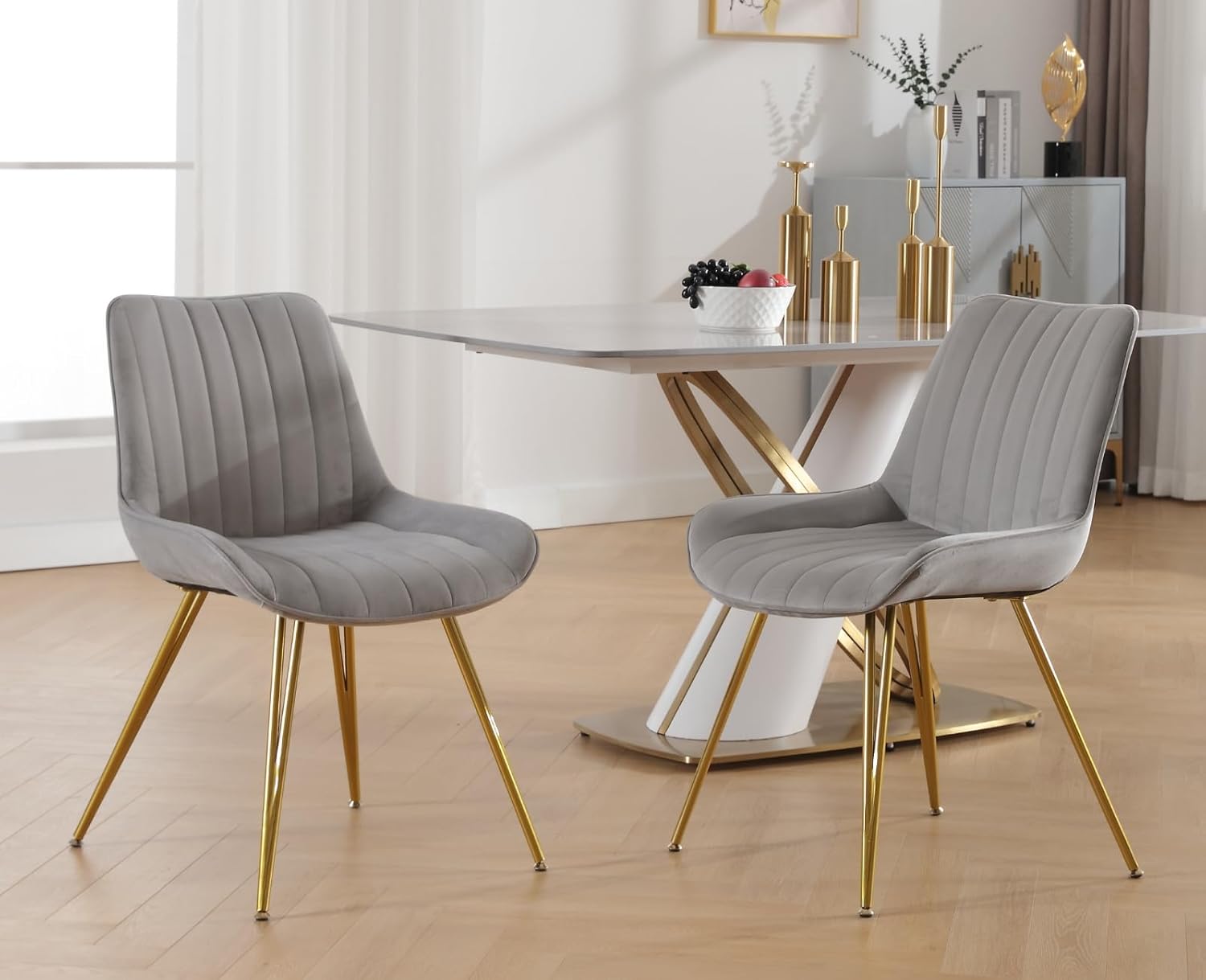 EALSON Juego de 2 sillas de comedor modernas tapizadas de terciopelo con patas de metal dorado, cómodas sillas de cocina acolchadas y sin brazos