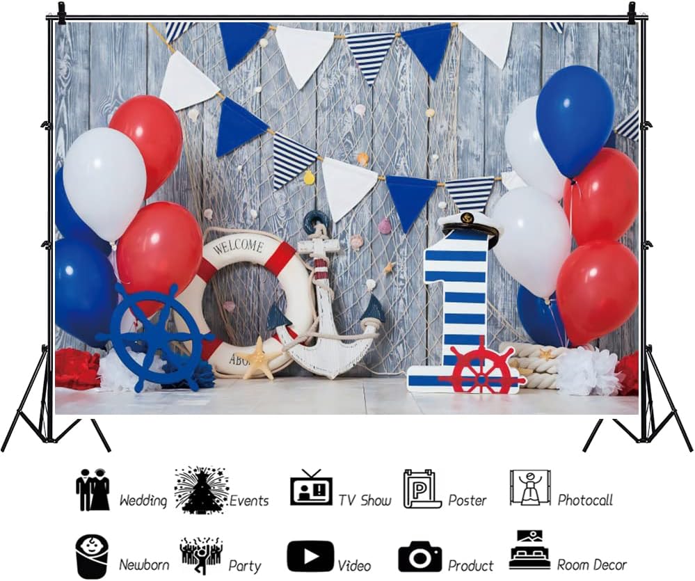 Yeele Telón de fondo de 10 x 6.5 pies para niño de primer cumpleaños, globos azules, blancos y rojos, ancla de madera para fotografía, tema náutico
