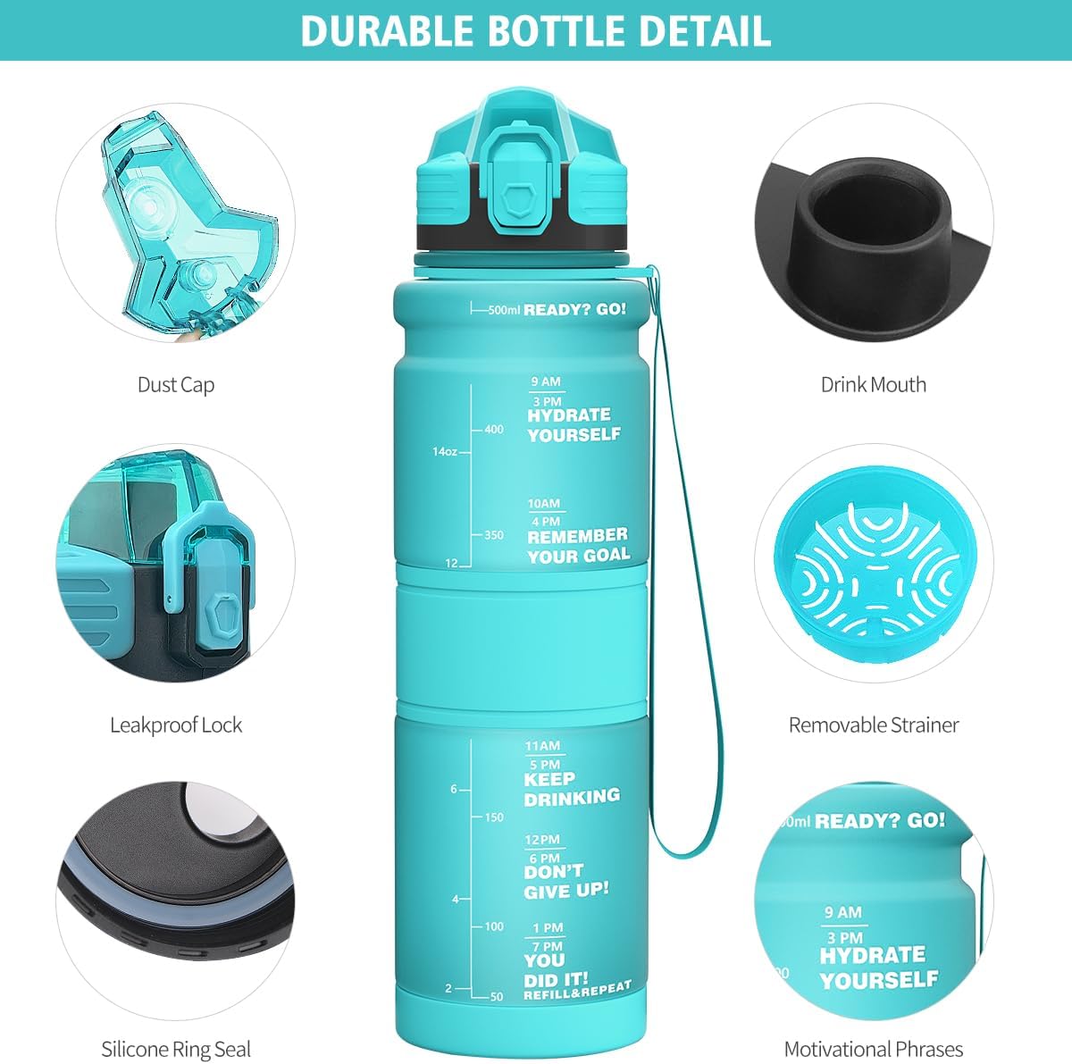 Botellas de agua con marcador de tiempo, botella de agua motivacional de 17 onzas, 32 onzas, a prueba de fugas y sin BPA, botella de agua deportiva