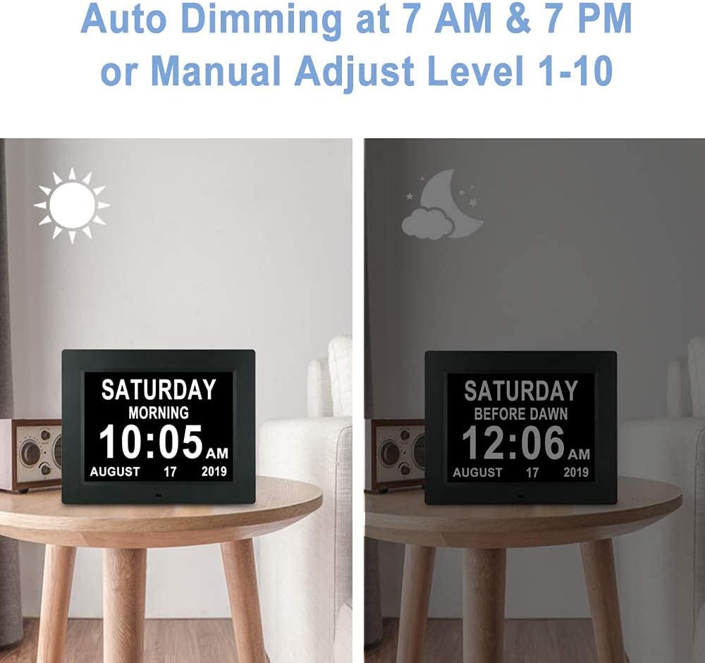 Actualizado de 10 pulgadas Reloj digital con calendario de día con atenuación automática y 8 opciones de alarma, fecha extragrande, hora, sin