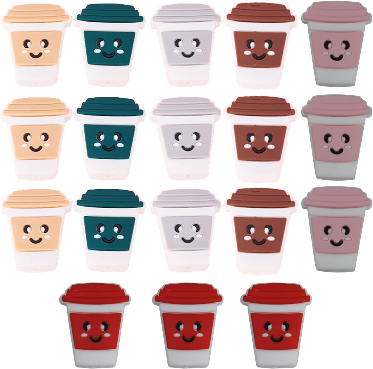 18 cuentas de taza de café de dibujos animados, cuentas de impresión de silicona, cuentas planas de forma colorida, cuentas espaciadoras de silicona