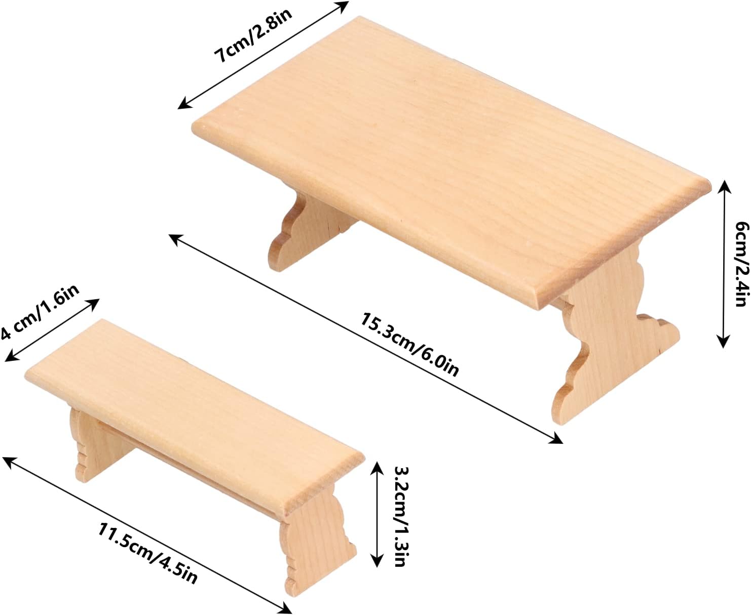 Mesa de madera para casa de muñecas, casa de muñecas 112, modelo de muebles de color de troncos, banco de mesa largo para restaurante (color madera)