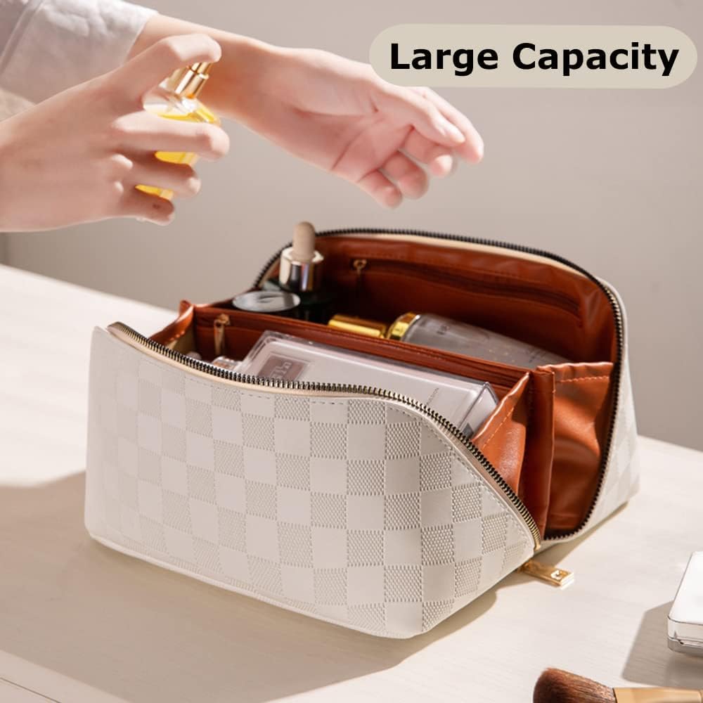 CIREA Bolsa de cosméticos de viaje de gran capacidad marrón a cuadros bolsa de maquillaje PU cuero impermeable bolsa de cuidado de la piel con mango