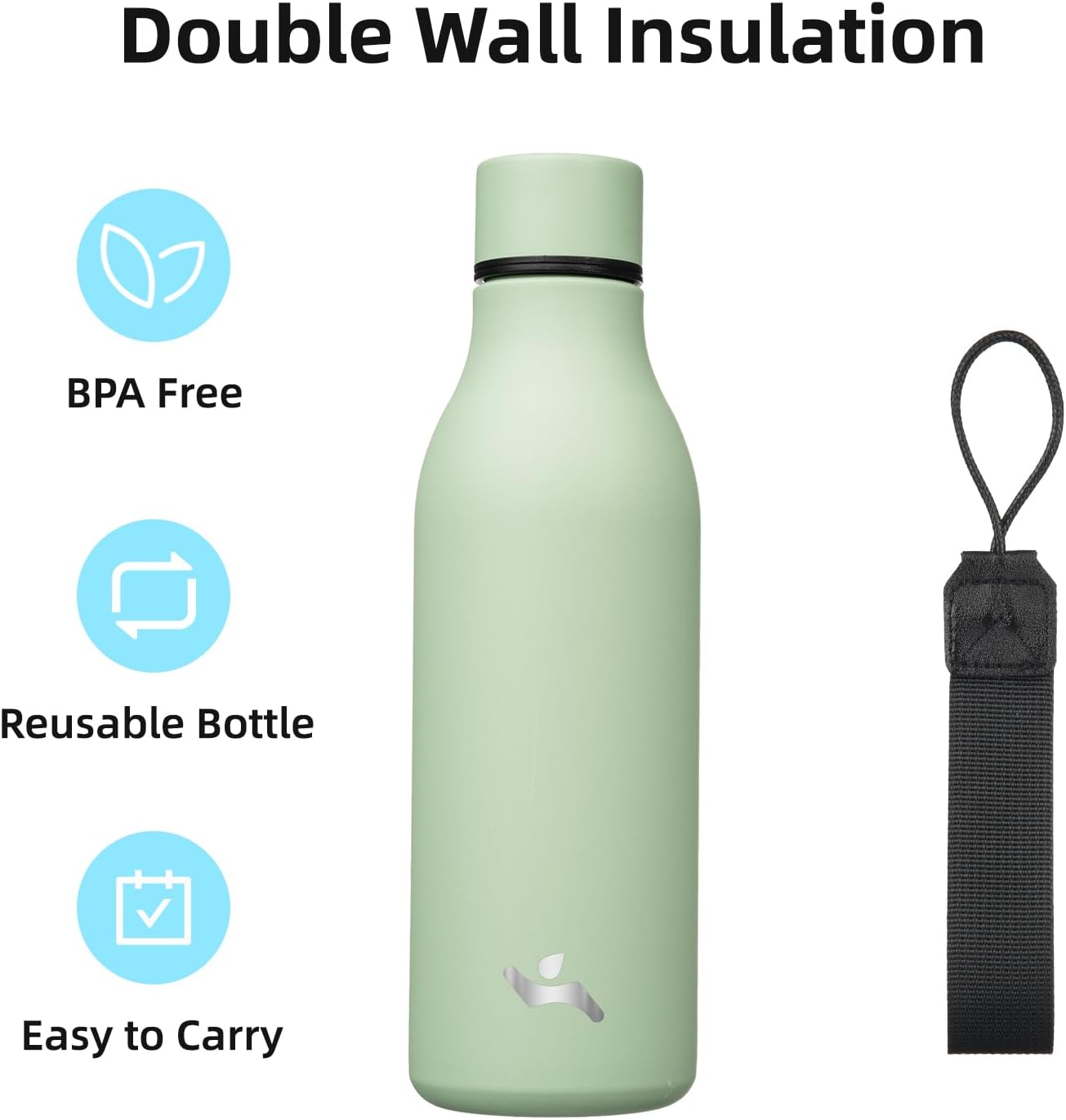 Botella de agua aislada con correa, botellas de acero inoxidable de doble pared de 18 onzas, botella de agua de metal, verde macarrón