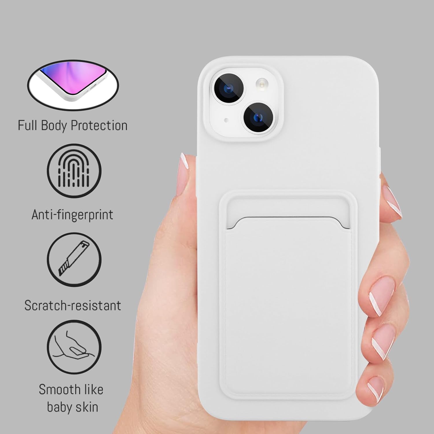 MZELQ Funda de silicona compatible con iPhone 15 2023, funda protectora de cámara para tarjeta+protector de pantalla, funda con ranura para