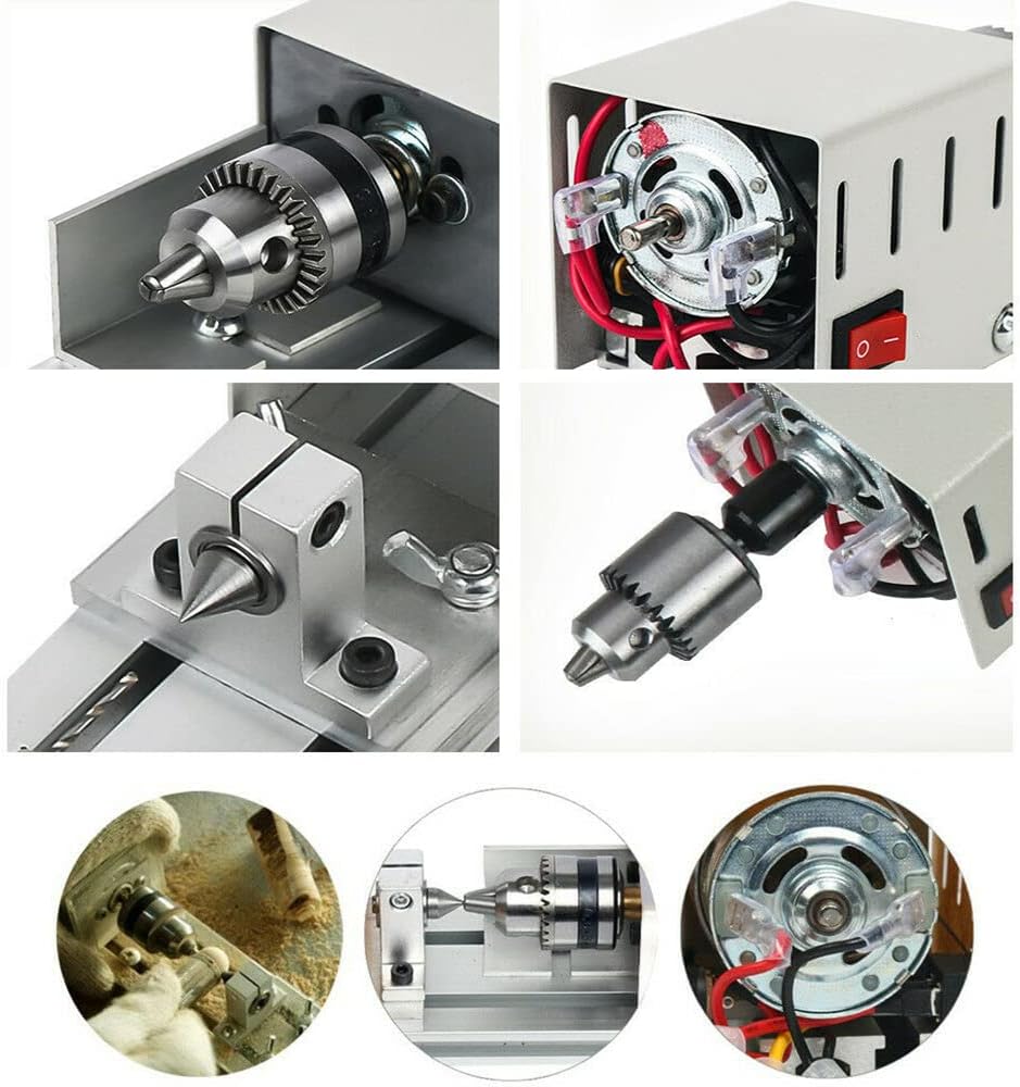 Mini Torno Perlas Pulidora Máquina DIY Mecanizado para Mesa Carpintería Power Herramienta de Madera Torno Set Rectificado (Plata)