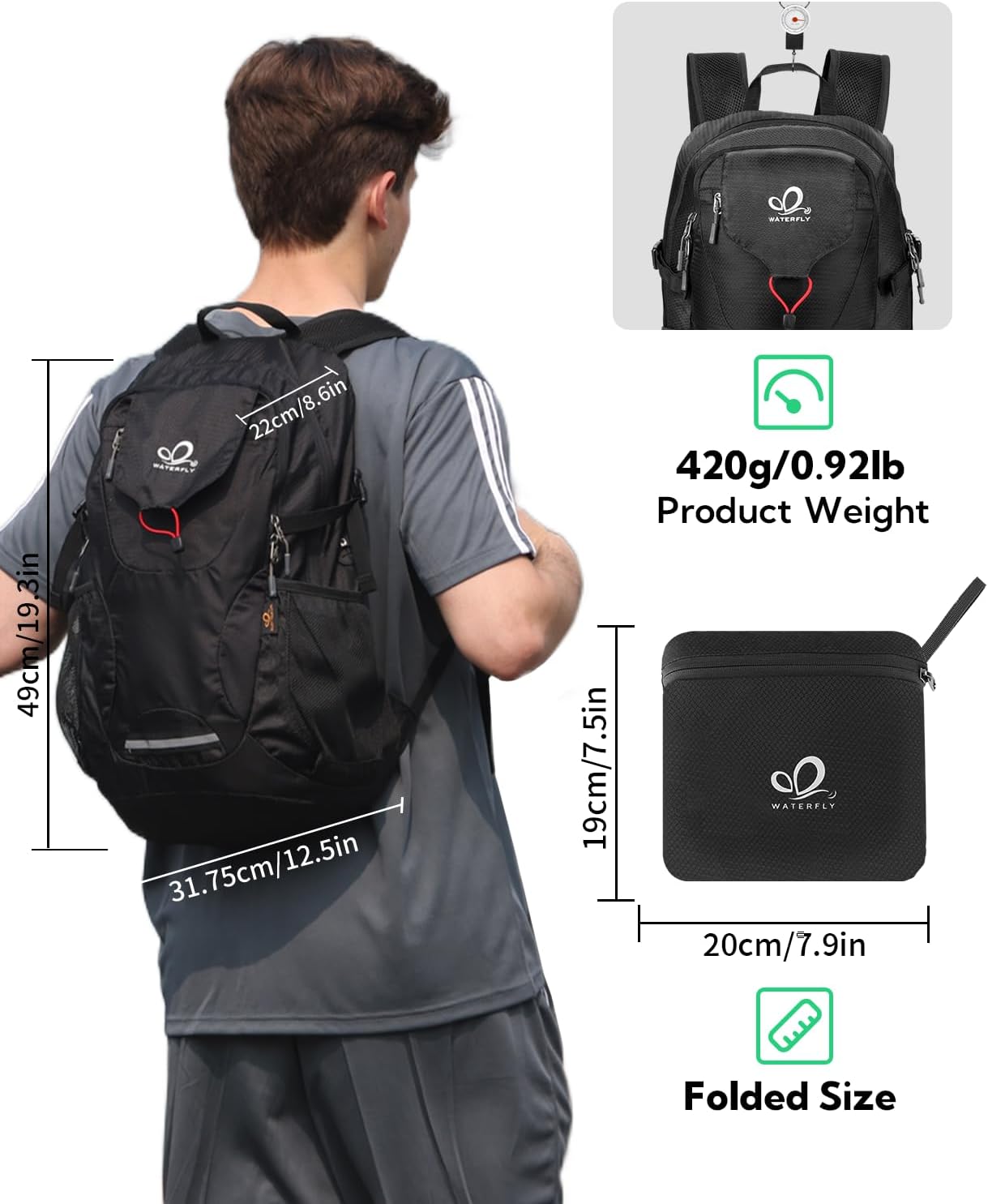WATERFLY Mochila de senderismo ligera y plegable Mochila de viaje plegable Ultraligero Camping Day Pack para Mujer Hombre