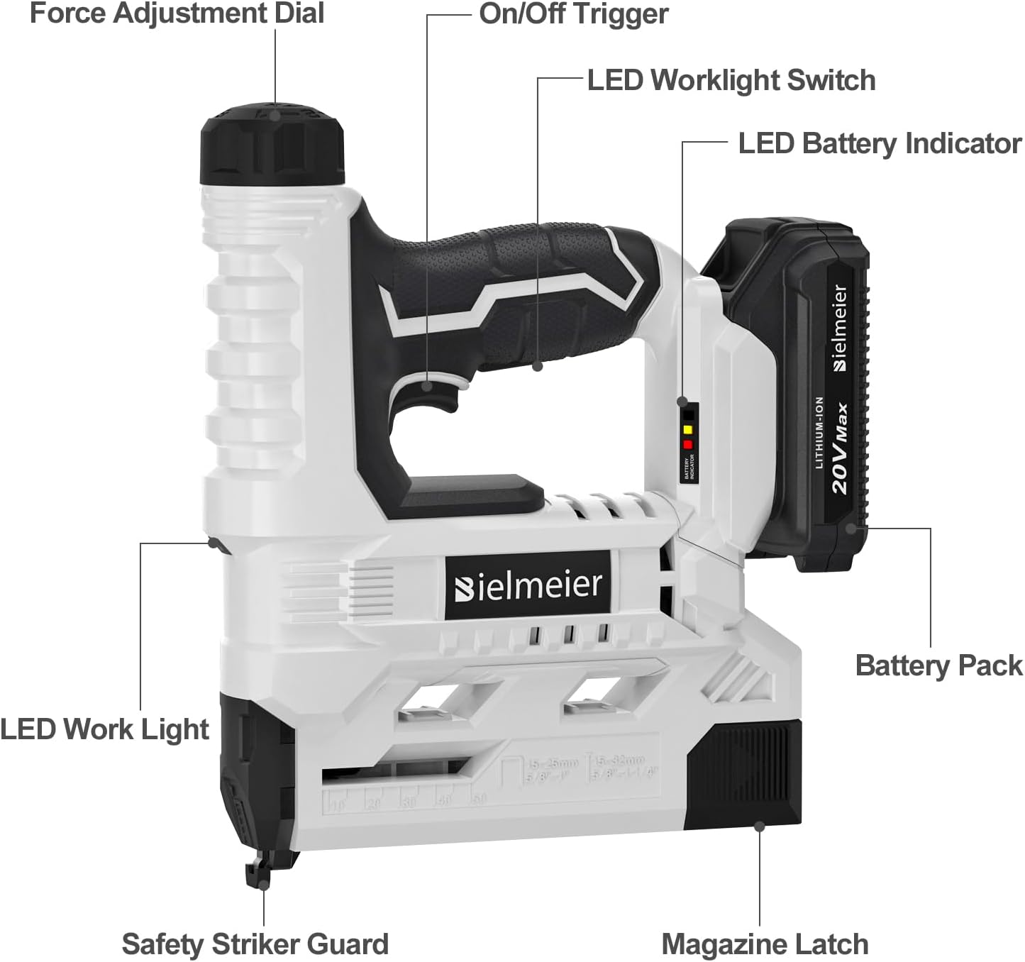 Bielmeier Clavadora inalámbrica de 20 V, pistola de clavos de calibre 18 2 en 1 alimentada por batería, pistola de grapas eléctrica para tapicería,