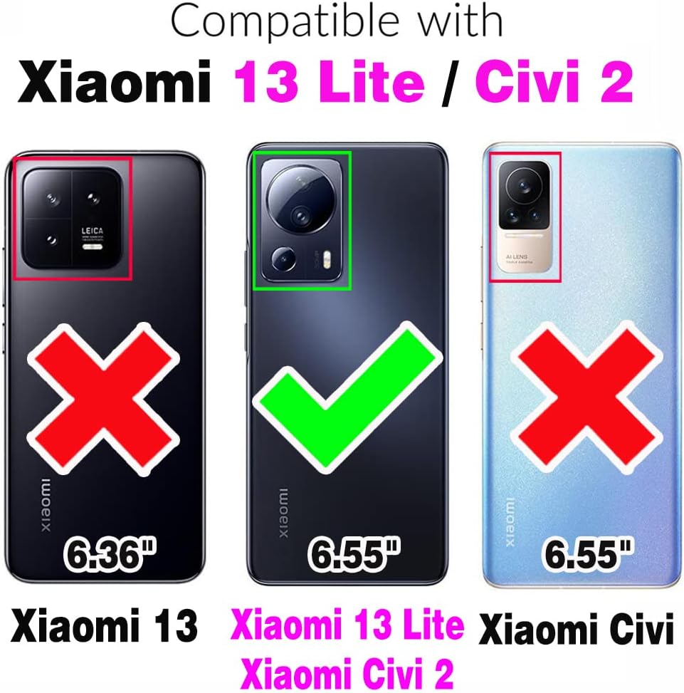 Asuwish Funda de teléfono para Xiaomi 13 LiteCivi 2 5G Funda tipo cartera con protector de pantalla de vidrio templado, soporte de anillo delgado,
