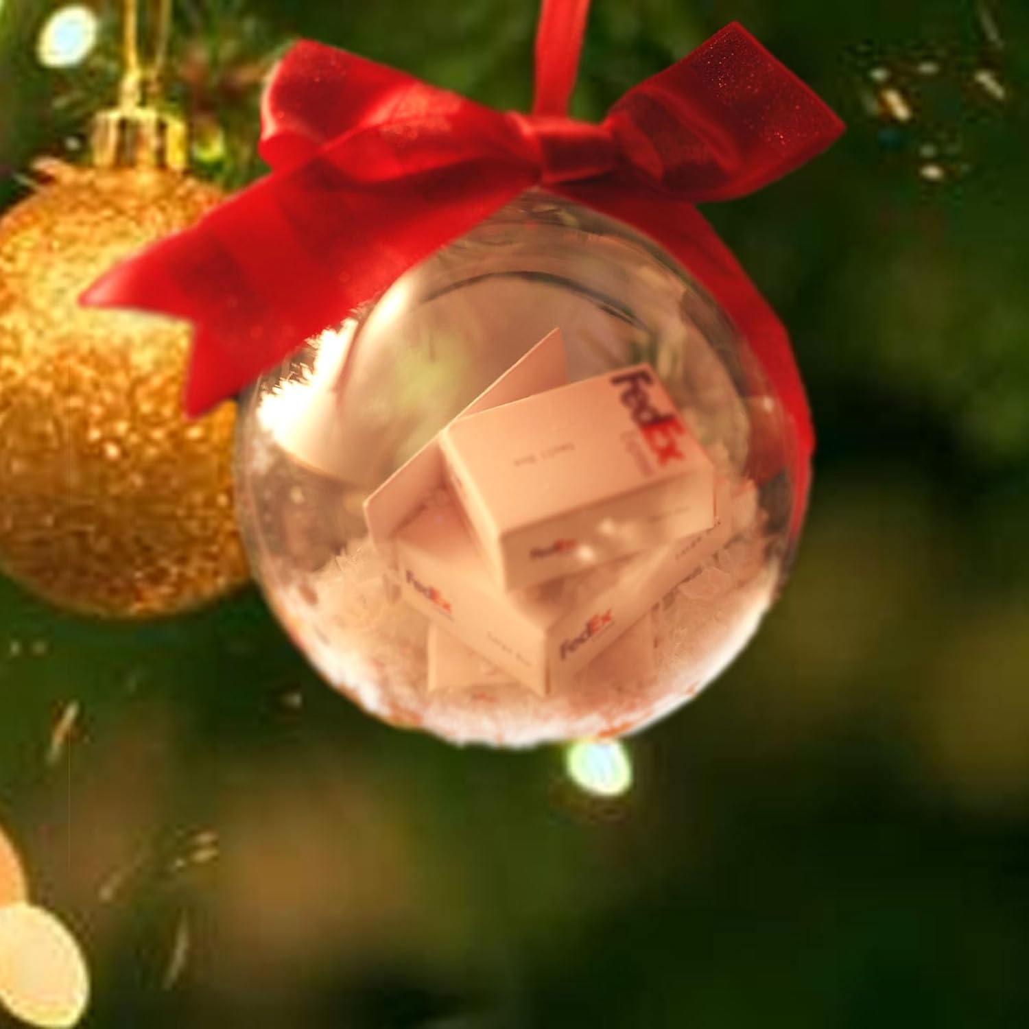 2 adornos para árbol de Navidad con mini cajas de entrega en el interior, divertidas bolas de Navidad transparentes, paquetes de decoraciones de