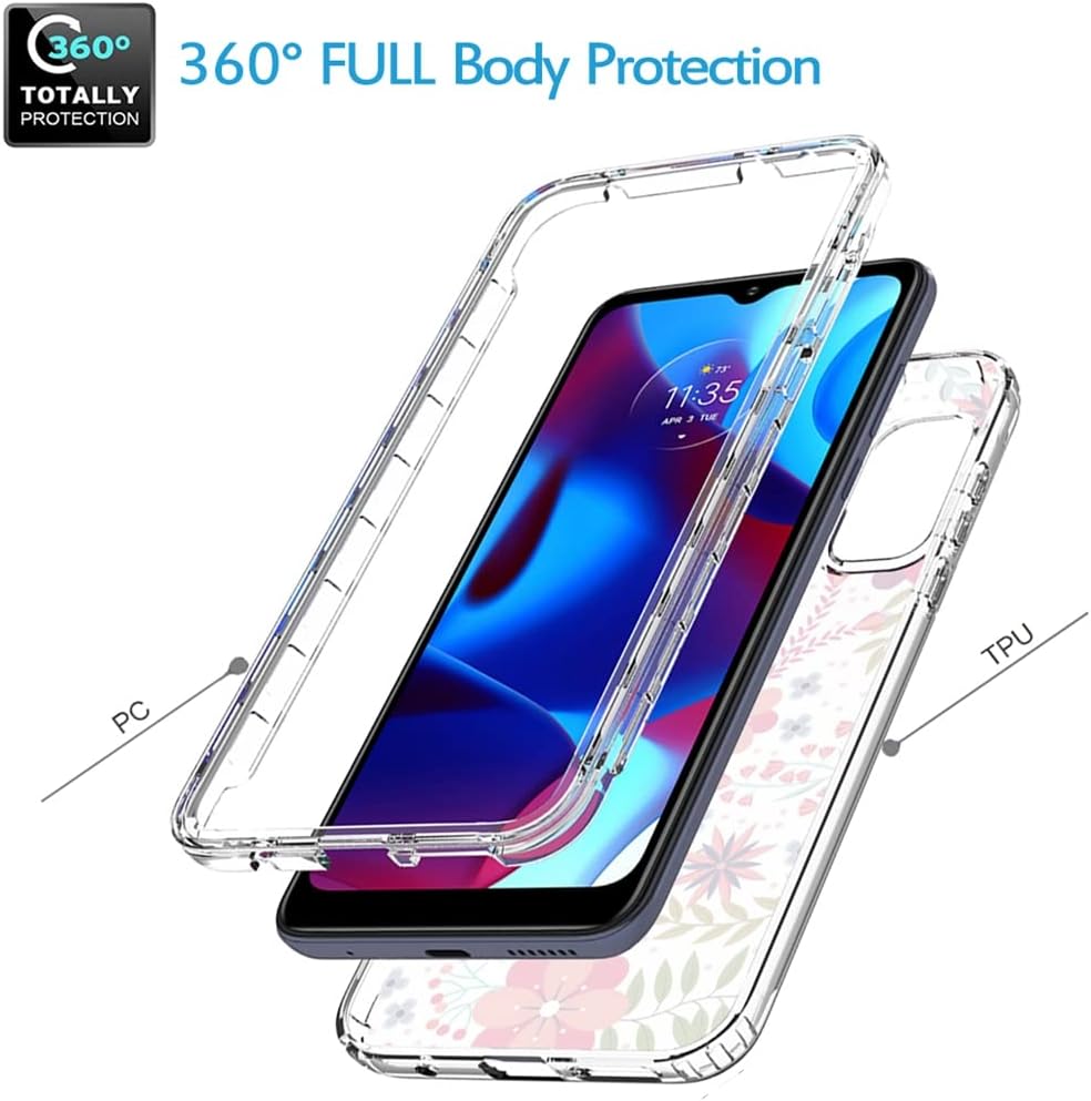 Funda para Moto G PureMotorola G Pure 2021 con protector de pantalla de vidrio templado, funda protectora de TPU transparente floral a prueba de