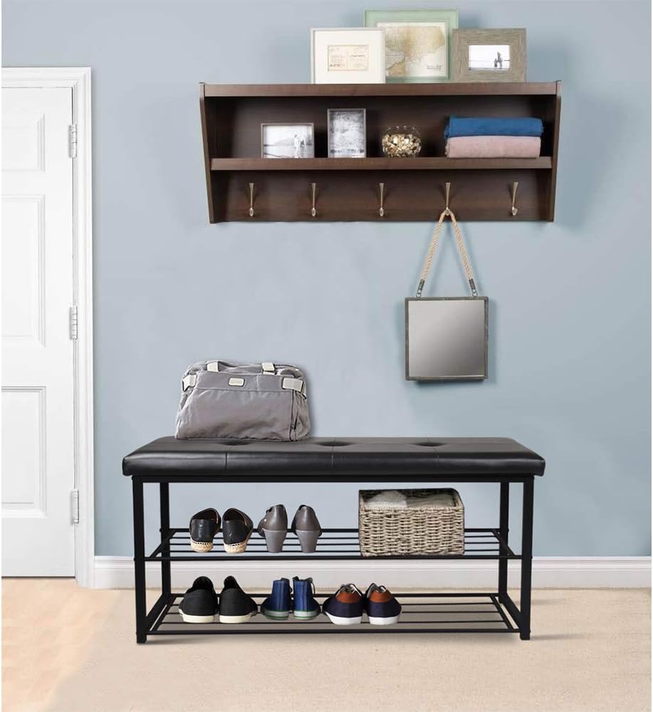 ARDOUR VAN – Banco de zapatos de entrada de 3 niveles negro con asiento acolchado de piel sintética para 8 pares, organizador tapizado de