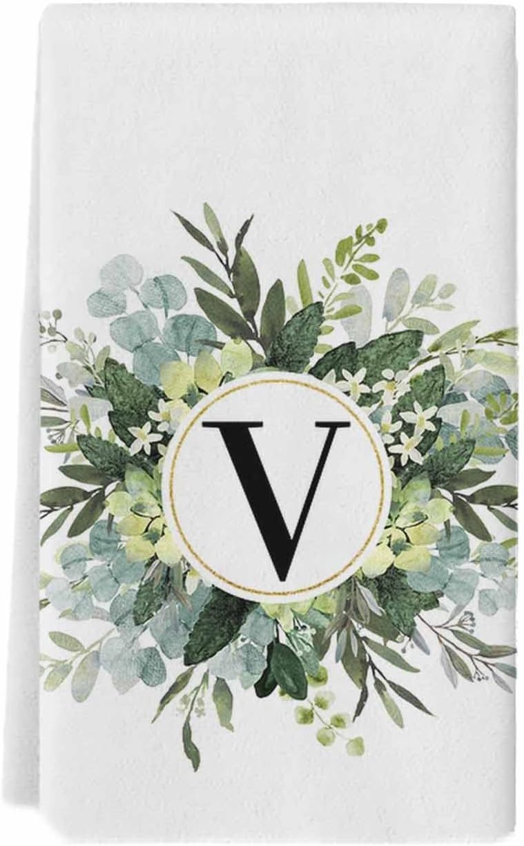 Juego de 1 juego de toallas de cocina y paños de cocina, monograma de letra V, acuarela, eucalipto, primavera, verano, rural, de 18 x 28 pulgadas,