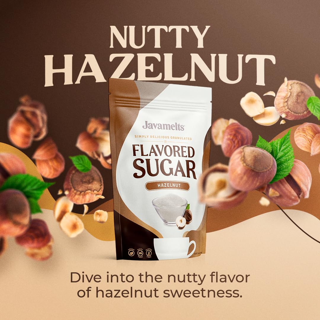 JAVAMELTS Azúcar con sabor a avellana, añade sabor a tu café o té, o al hornear dulces, sin OMG, sin lácteos, sin gluten, kosher, (bolsa de 1.5