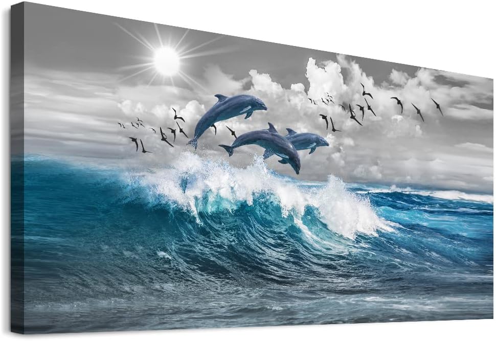 Decoración de pared para sala de estar, lienzo de gran tamaño, arte de pared para dormitorio, olas azules del mar, ilustraciones de pared, arte