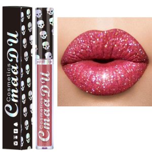 AKARY Lápiz labial líquido brillante de larga duración, diseño de calavera de diamante metálico con purpurina brillante, acabado brillante, AKARY Lápiz labial líquido brillante de larga duración, diseño de calavera de diamante metálico con purpurina brillante, acabado brillante,