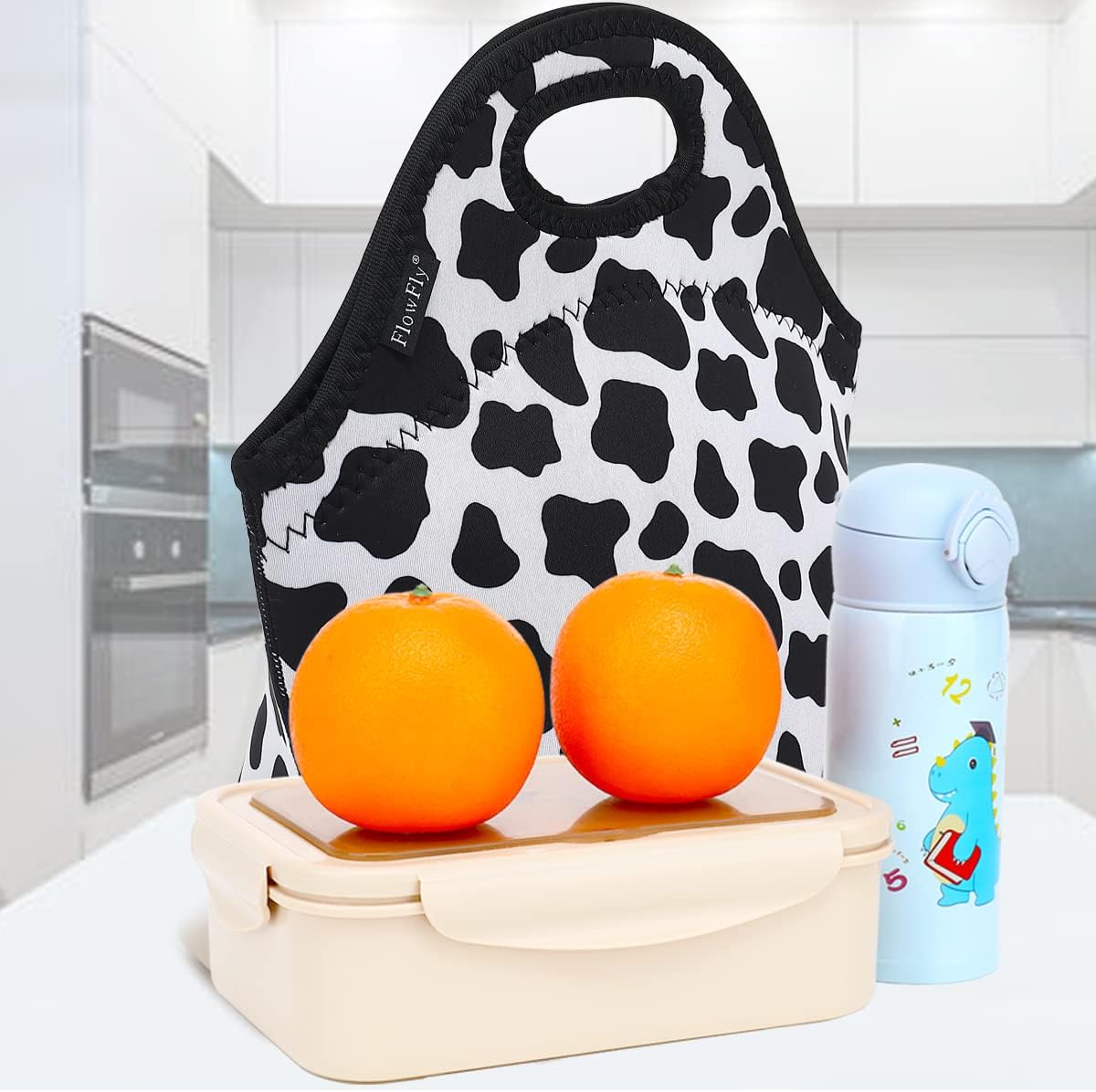 FlowFly Neoprene Kids Lunch box Insulated Soft Bag Mini Cooler Thermal Meal Tote Kit for Boys, Girls,Men,Women,School,Work, Office, Cow
