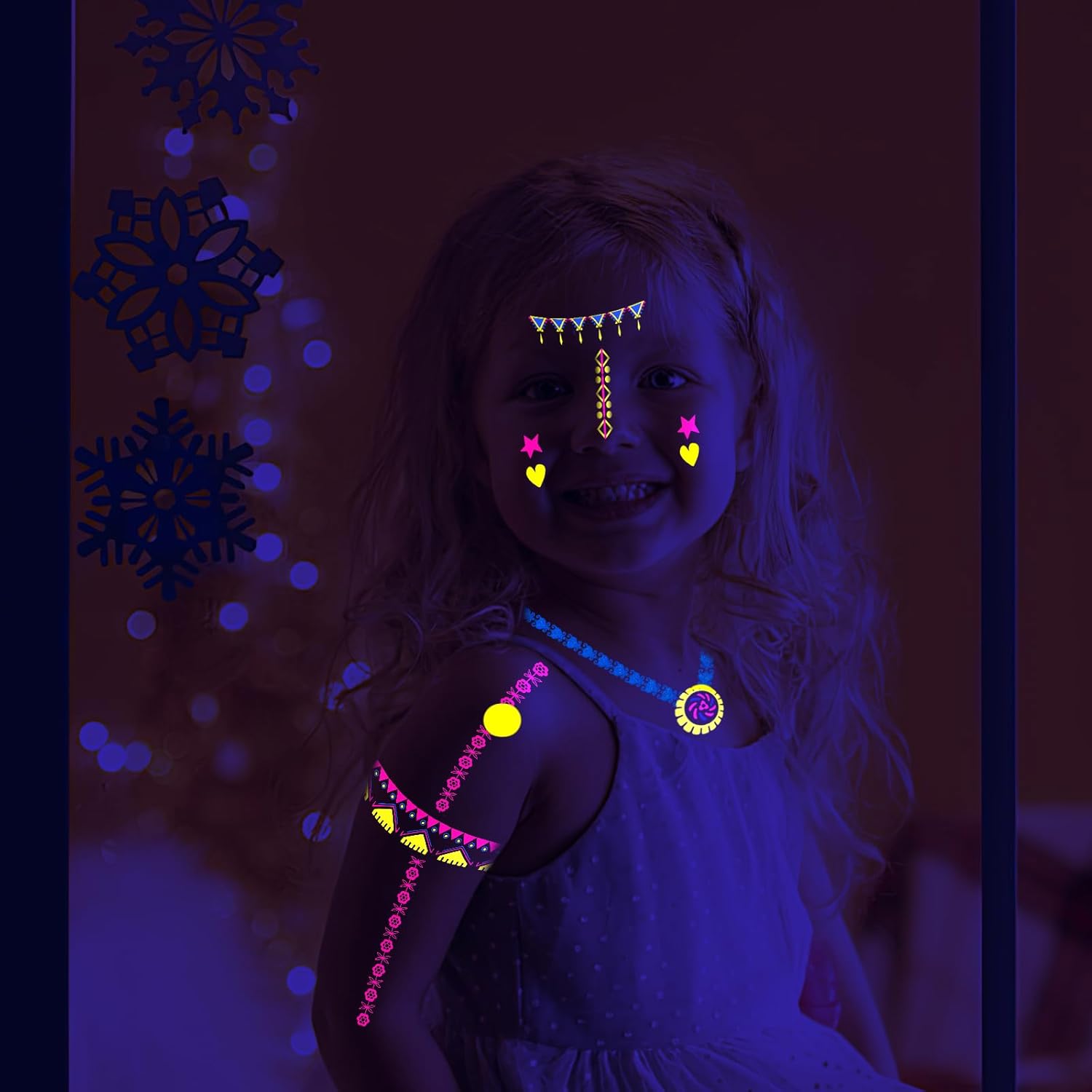 Koogel 25 hojas de tatuajes temporales que brillan en la oscuridad, 160 calcomanías de tatuaje brillantes, impermeables, UV, neón, tatuajes faciales