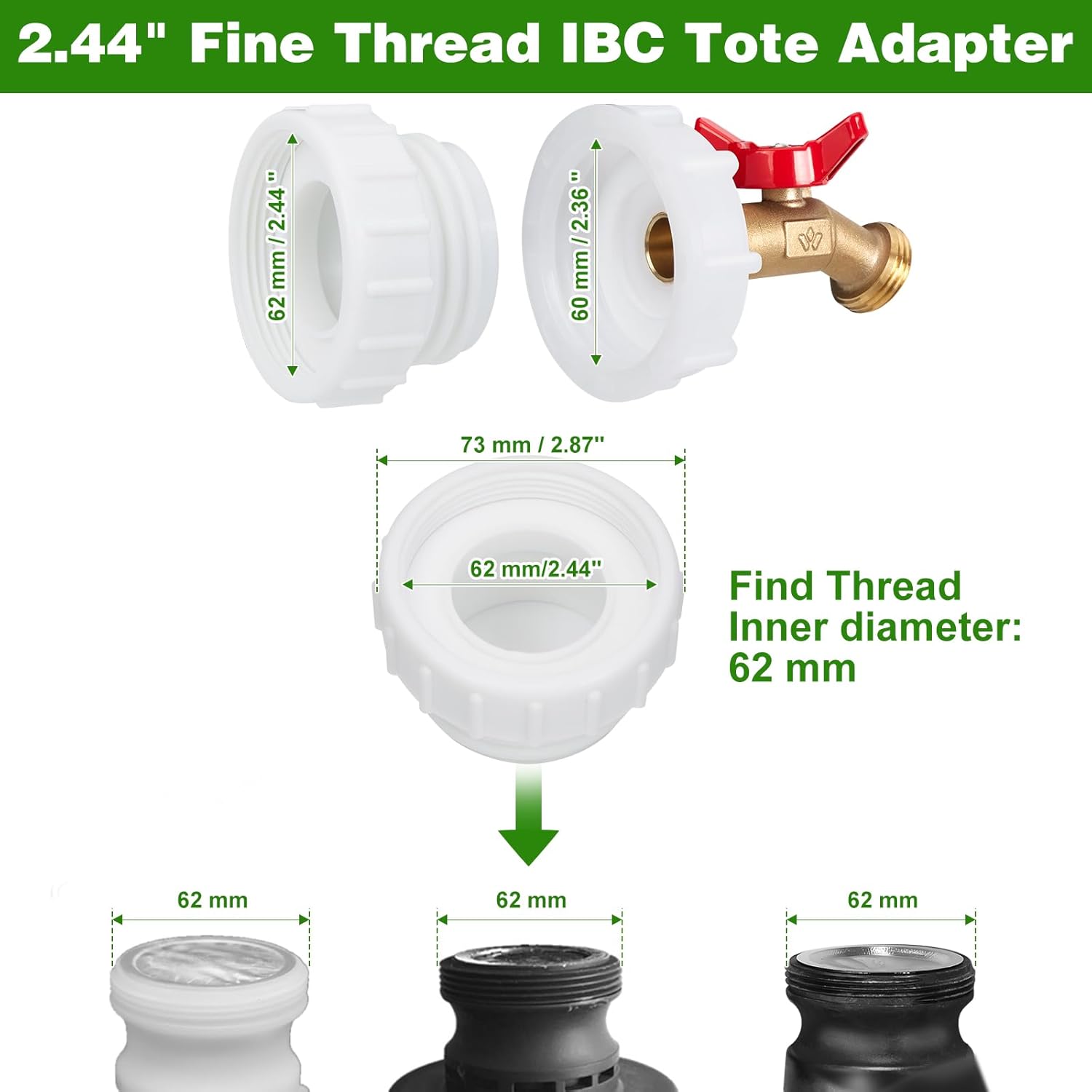 WADEO IBC – Adaptador de mano, adaptador de rosca fina de 2.44 pulgadas para tanque IBC de 275-330 galones, grifo de válvula de cierre de agua de