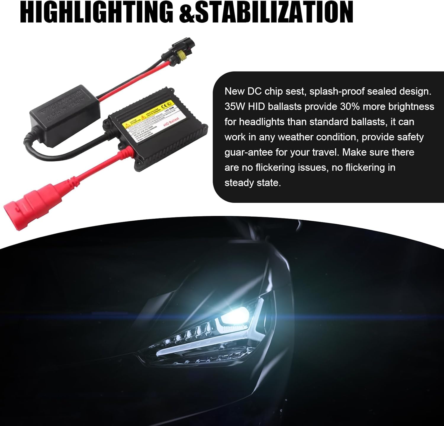 Pack-2 Automotive HID Ballast, 12V 35W Ultra-Thin DC Retrofit Bulb Ballast for Xenon Light, Splash-Proof Sealed Standard Flicker-Free Bulb