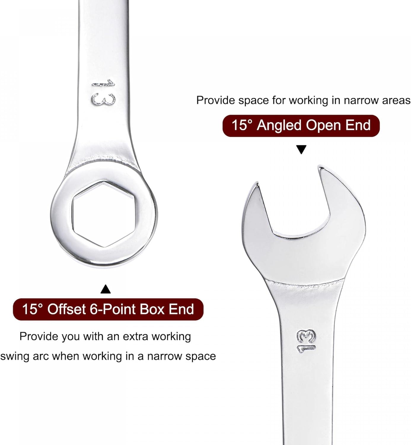 uxcell Llave combinada fina con extremo de 6 puntos desplazados y extremo abierto en ángulo, espejo métrico, acero de alto carbono chapado en cromo,
