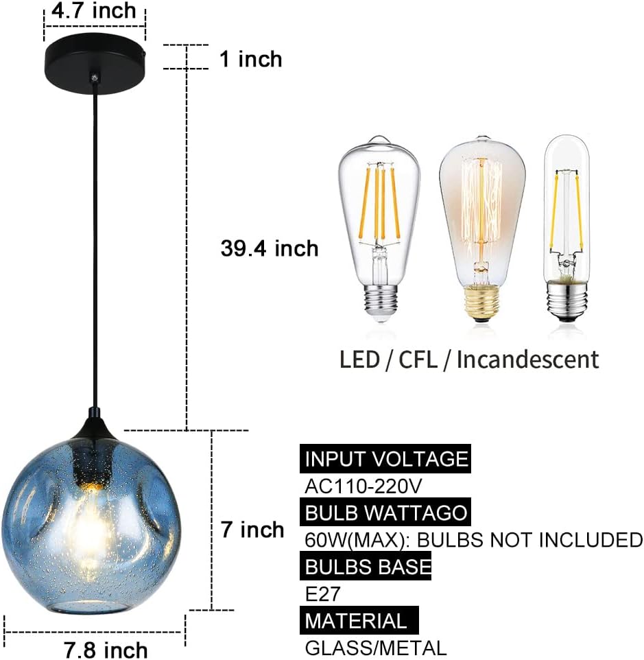 Luces colgantes para isla de cocina, colgante de cristal moderno, color azul claro, con burbujas, para colgar en el techo, lámparas colgantes sobre