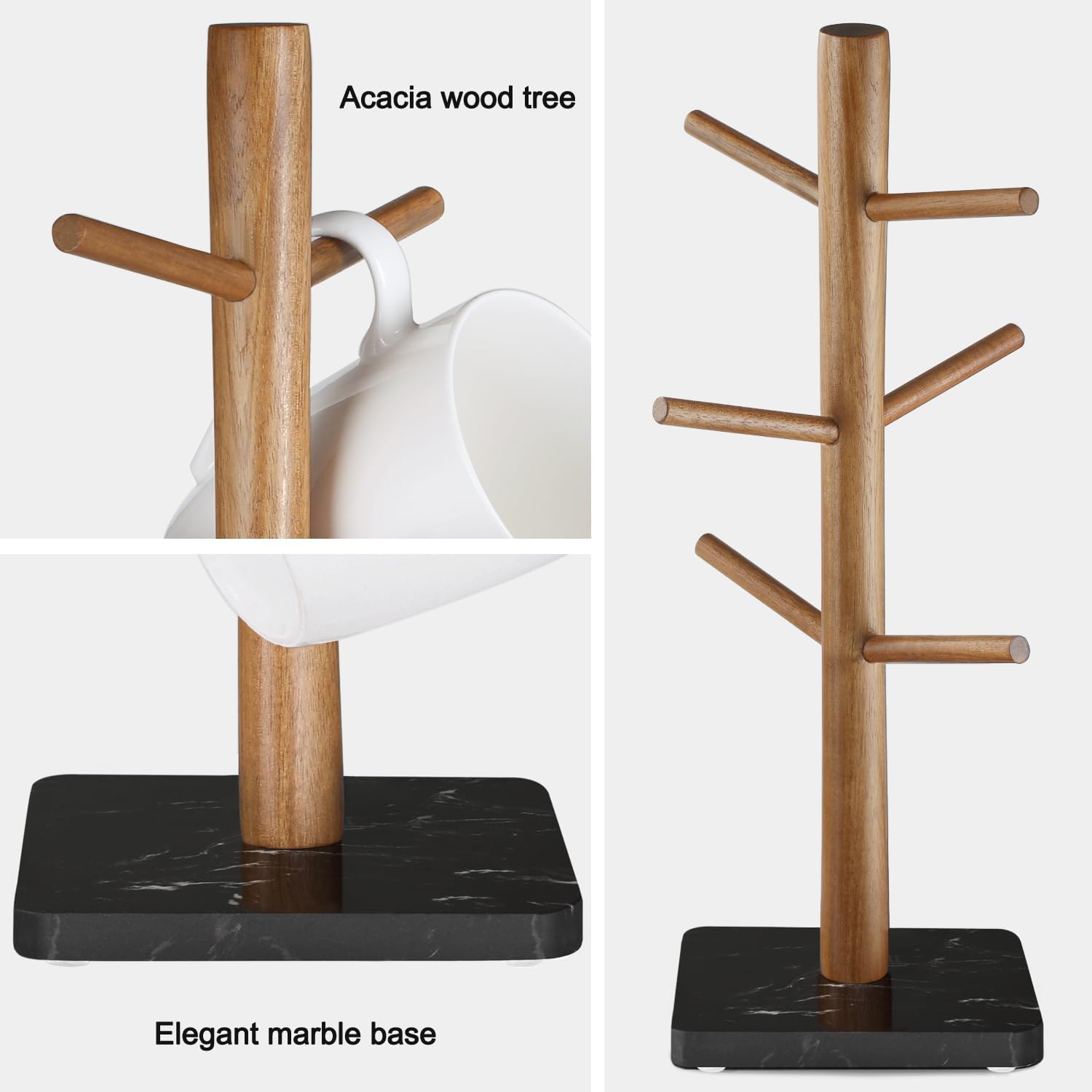 Buruis Soporte para tazas de madera, base de mármol, soporte para tazas, soporte para tazas, taza de café de cocina, soporte para encimera, soporte