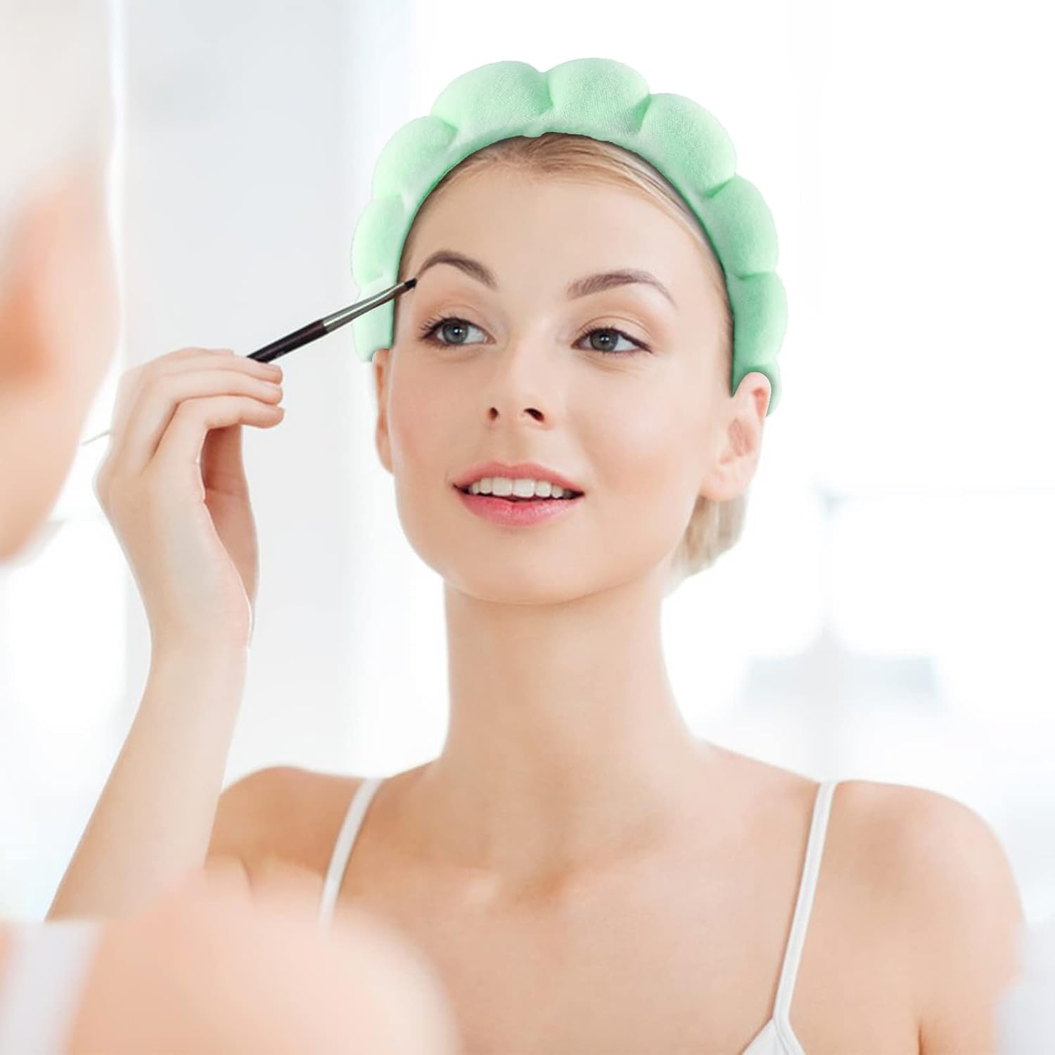Diadema de esponja de spa para mujer, diadema de maquillaje verde y banda de lavado de muñeca para lavado de cara, cuidado de la piel, ducha,